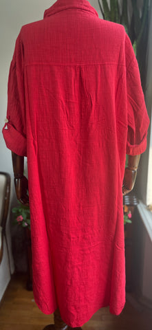 Bohemian Style Red 100% Cotton Linen Look Dress – Standard Size, Flowy & Chic