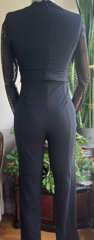 Elegant Crepe Jumpsuit with Sheer Tulle Sleeve & Belt | Women's Formal One-Piece