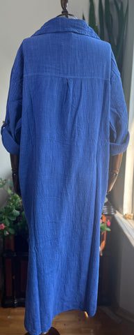 Bohemian Style Blue 100% Cotton Linen Look Dress – Standard Size, Flowy & Chic