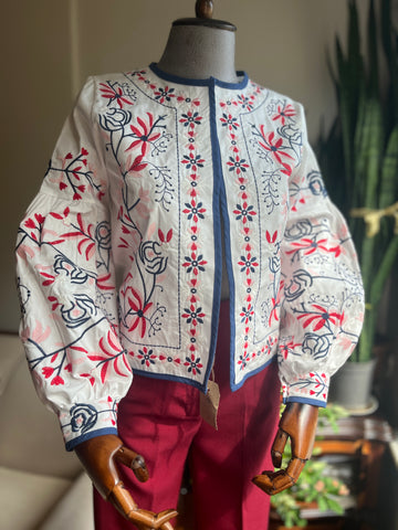 Women's Blue Red Floral Embroidered Ethnic Jacket with Balloon Sleeves | Unique Boho Style