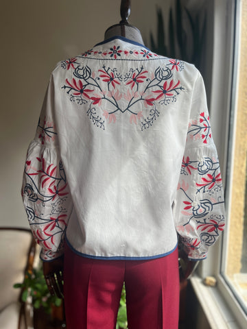 Women's Blue Red Floral Embroidered Ethnic Jacket with Balloon Sleeves | Unique Boho Style