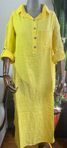 Bohemian Style Yellow 100% Cotton Linen Look Dress – Standard Size, Flowy & Chic