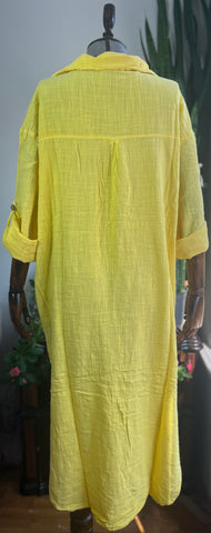 Bohemian Style Yellow 100% Cotton Linen Look Dress – Standard Size, Flowy & Chic