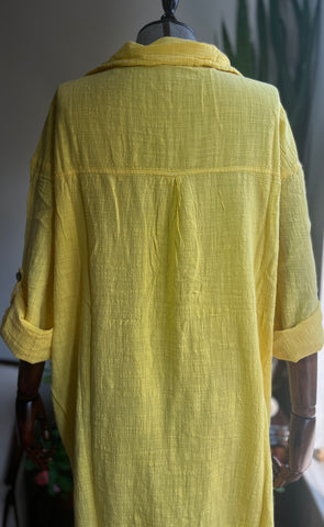 Bohemian Style Yellow 100% Cotton Linen Look Dress – Standard Size, Flowy & Chic