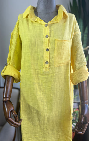 Bohemian Style Yellow 100% Cotton Linen Look Dress – Standard Size, Flowy & Chic