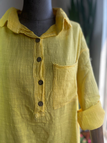 Bohemian Style Yellow 100% Cotton Linen Look Dress – Standard Size, Flowy & Chic