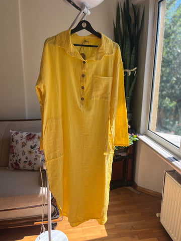 Bohemian Style Yellow 100% Cotton Linen Look Dress – Standard Size, Flowy & Chic