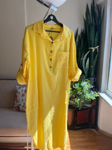 Bohemian Style Yellow 100% Cotton Linen Look Dress – Standard Size, Flowy & Chic