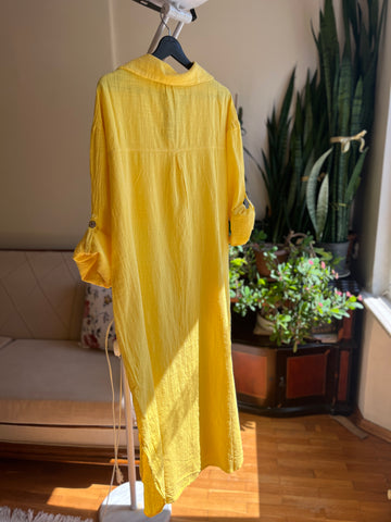 Bohemian Style Yellow 100% Cotton Linen Look Dress – Standard Size, Flowy & Chic