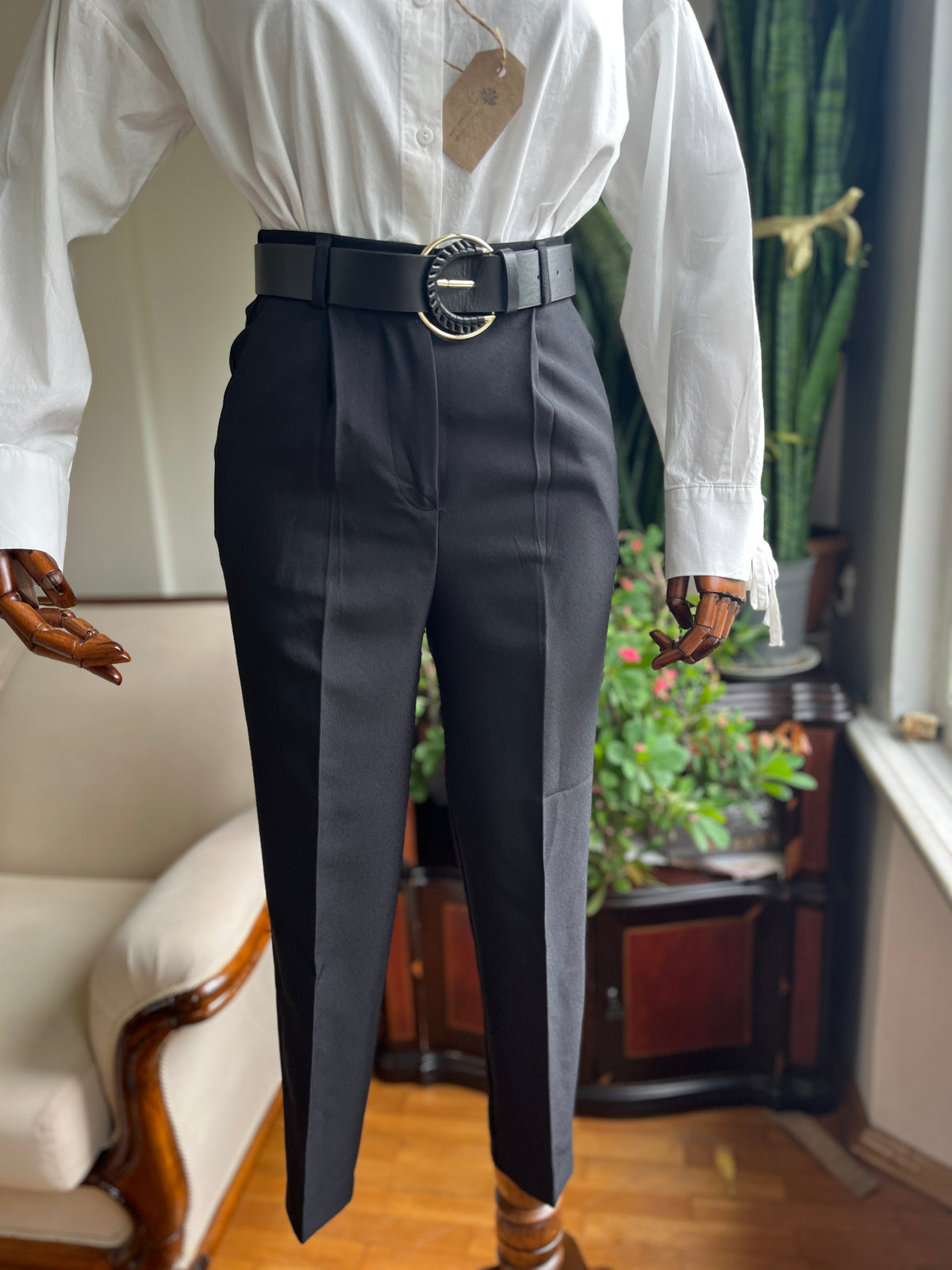 Women's Premium Atlas Fabric High Waist Belted Trousers – Elegant & Comfortable Full Fit Pants