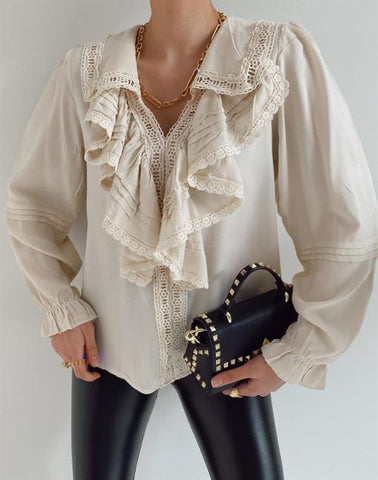 Vintage inspired Flounced Scallop Detailed Gathered Long Sleeve Cream Shirt