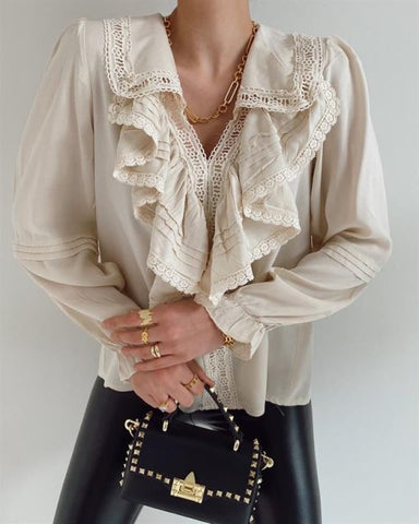 Vintage inspired Flounced Scallop Detailed Gathered Long Sleeve Cream Shirt