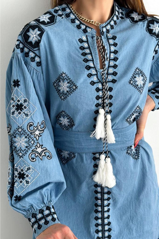 Waist Belted Ethnic Pattern Embroidered Denim Jeans Dress, Boho Denim Dress, Trendy Ethnic Wear,Feminine Boho Chic Fashion,Party Dress
