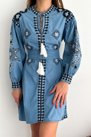 Waist Belted Ethnic Pattern Embroidered Denim Jeans Dress, Boho Denim Dress, Trendy Ethnic Wear,Feminine Boho Chic Fashion,Party Dress