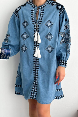 Waist Belted Ethnic Pattern Embroidered Denim Jeans Dress, Boho Denim Dress, Trendy Ethnic Wear,Feminine Boho Chic Fashion,Party Dress
