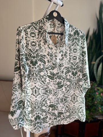 Stylish Patterned Khaki Viscose Long Sleeve Shirt for Effortless Elegance