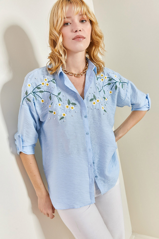 Daisy and Bead Embroidered, Ayrobin Linen Shirt, Casual Floral Embroidery Top,Daisy Design, Unique Linen Shirt, Boho Blouse