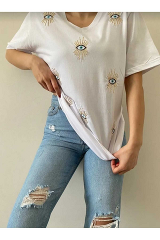 Evil Eye Pattern Sequin Embroidered V-Neck Cotton Tshirt