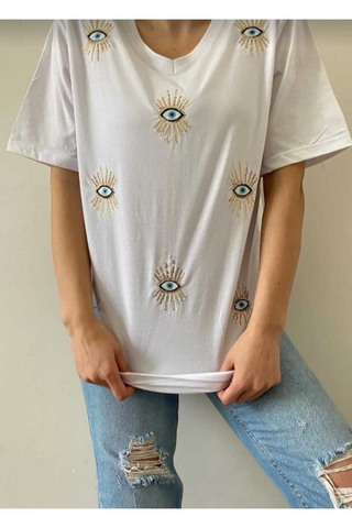 Evil Eye Pattern Sequin Embroidered V-Neck Cotton Tshirt