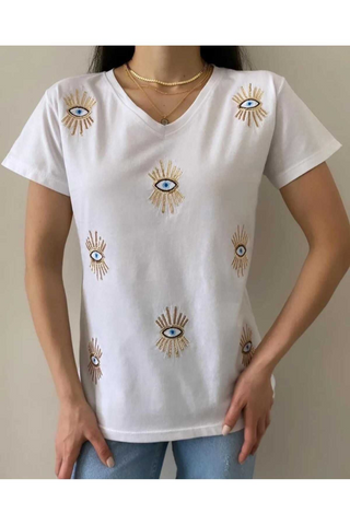 Evil Eye Pattern Sequin Embroidered V-Neck Cotton Tshirt
