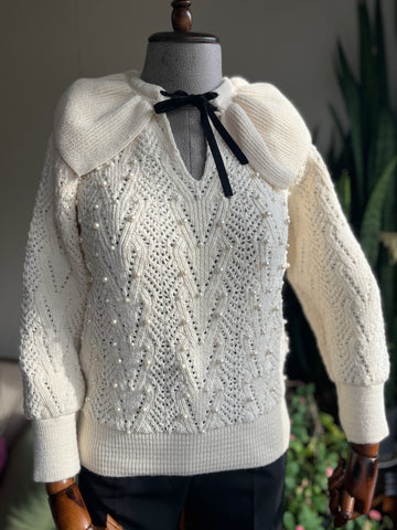 White Pearl Knitted Wool Blend Sweater with Neck Tie Detail – Stylish Women’s Knitting