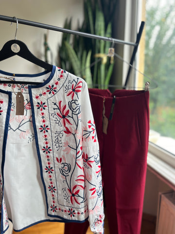 Women's Blue Red Floral Embroidered Ethnic Jacket with Balloon Sleeves | Unique Boho Style