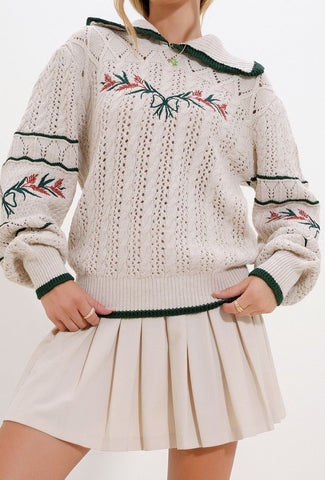 Christmas-Themed Khaki Striped Sweater – Floral Patterned, Collared, Warm Winter Style with Hair Knitting Detail