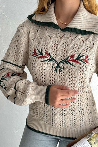 Christmas-Themed Khaki Striped Sweater – Floral Patterned, Collared, Warm Winter Style with Hair Knitting Detail