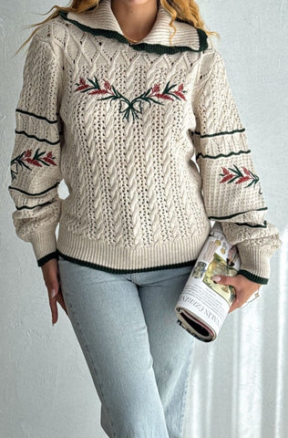 Christmas-Themed Khaki Striped Sweater – Floral Patterned, Collared, Warm Winter Style with Hair Knitting Detail