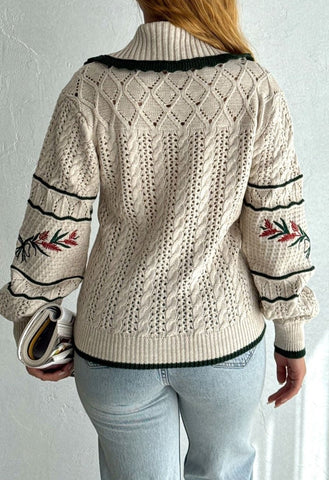 Christmas-Themed Khaki Striped Sweater – Floral Patterned, Collared, Warm Winter Style with Hair Knitting Detail