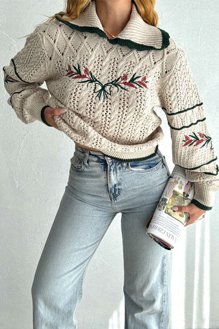 Christmas-Themed Khaki Striped Sweater – Floral Patterned, Collared, Warm Winter Style with Hair Knitting Detail