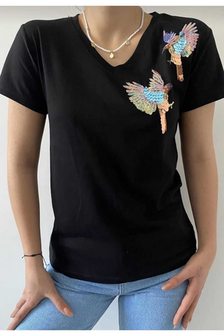 Bird Pattern Sequin Embroidered Cotton V-Neck Tshirt