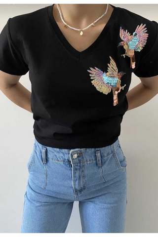 Bird Pattern Sequin Embroidered Cotton V-Neck Tshirt