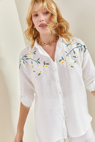 Daisy and Bead Embroidered, Ayrobin Linen Shirt, Casual Floral Embroidery Top,Daisy Design, Unique Linen Shirt, Boho Blouse