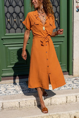Vintage Safari Summer Dress, Belted, With Pocket Short Sleeve,Polo Collared Dress,Button Down Dress,Casual Dress,Vintage Dress,Maxi Dress