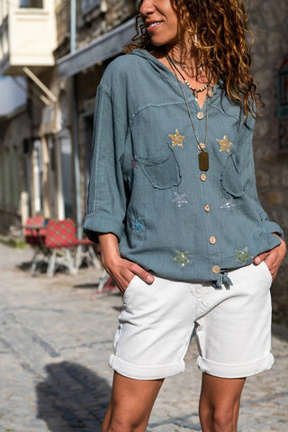 Linen Long Sleeved Hoodie Star Embroidery Vintage Blouse,Minimalist Blouse,Women Top,Casual Top,Designer Women Top,Linen clothing
