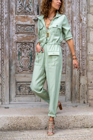 Bohemian Safari Jumpsuit, Pockets Jacket Collar Jumpsuit, Waist Elastic, Casual Jumpsuit, ,Summer Jumpsuit Hippie Jumpsuit Wide Leg Jumpsuit