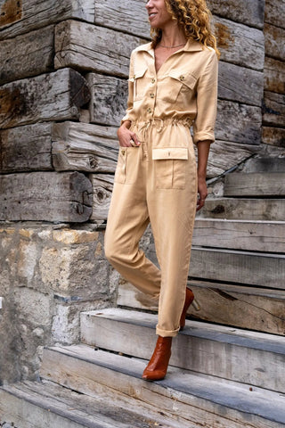 Bohemian Safari Jumpsuit, Pockets Jacket Collar Jumpsuit, Waist Elastic, Casual Jumpsuit, ,Summer Jumpsuit Hippie Jumpsuit Wide Leg Jumpsuit