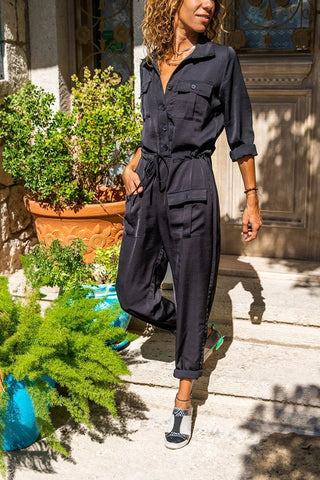 Bohemian Safari Jumpsuit, Pockets Jacket Collar Jumpsuit, Waist Elastic, Casual Jumpsuit, ,Summer Jumpsuit Hippie Jumpsuit Wide Leg Jumpsuit