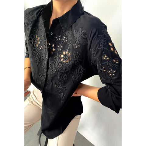 White&Black Embroidery Lace Cotton Thin Scalloped Woman Blouse,Cotton Blouse, Vintage Blouse, Gift For Her, Collar Blouse,Boho Blouse 2
