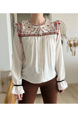 Collar Brown Geometric Detail Embroidered Ethnic Woman Blouse,Blouse Vintage, Gift For Her,Collar Blouse,Cotton Blouse,Boho Blouse