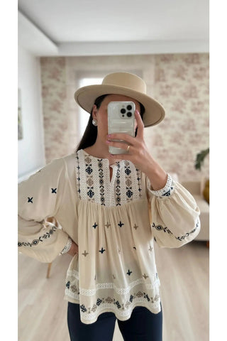 Beige Embroidered Long Sleeve Ethnic Women's Blouse,Blouse Vintage, Gift For Her,Collar Blouse,Cotton Blouse,Boho Blouse