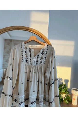 Beige Embroidered Long Sleeve Ethnic Women's Blouse,Blouse Vintage, Gift For Her,Collar Blouse,Cotton Blouse,Boho Blouse