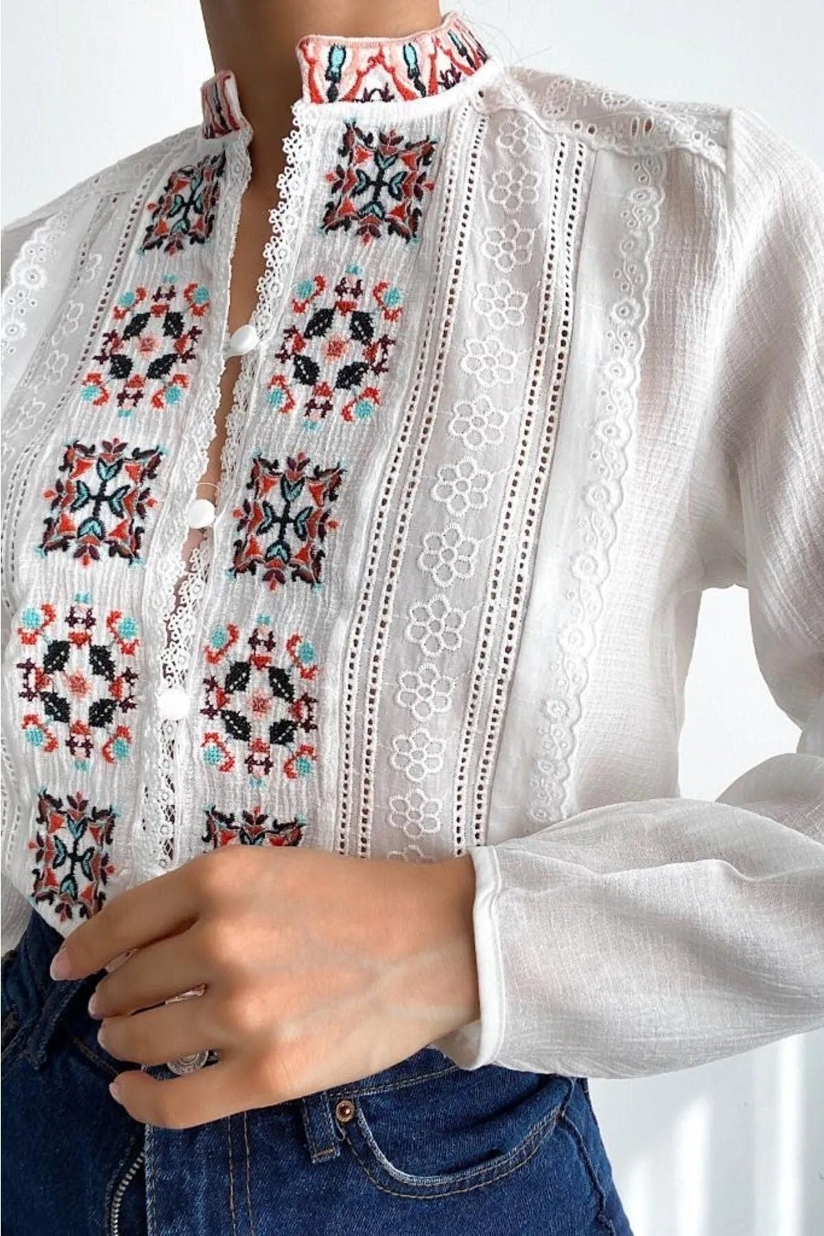 White Cross-stitch Embroidered Button And Lace Detailed Vintage Ethnic  Pattern Women's Blouse,Gift For Her,Boho Blouse,Vintage Blouse