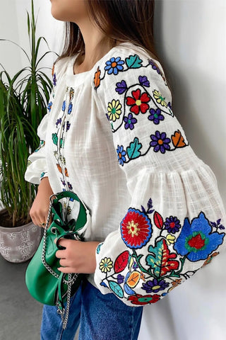 White Multicolored Linen Tasseled Embroidered  Vintage Ethnic  Pattern Women's Blouse,Gift For Her,Boho Blouse,Vintage Blouse