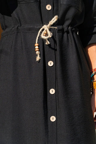 Linen Waist Pleated Straw Belt Vintage Shirt Dress,With Pocket Short Sleeve,Polo Collared Dress,Button Down Dress,Casual Dress,Maxi Dress
