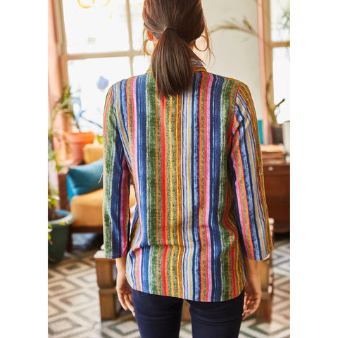 Multicolored Antique Woven Viscose Vintage Woman  Blouse,Stripe Blouse, Gift For Her, Collar Blouse,Cotton Blouse,Boho Blouse,  80s Blouse