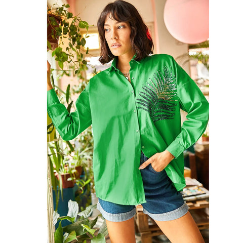 Women's Palm Sequin Detailed Oversized Poplin Shirt Blouse, Palml Pattern Blouse,Gift For Her,Collar Blouse,Cotton Blouse,Boho Blouse 3