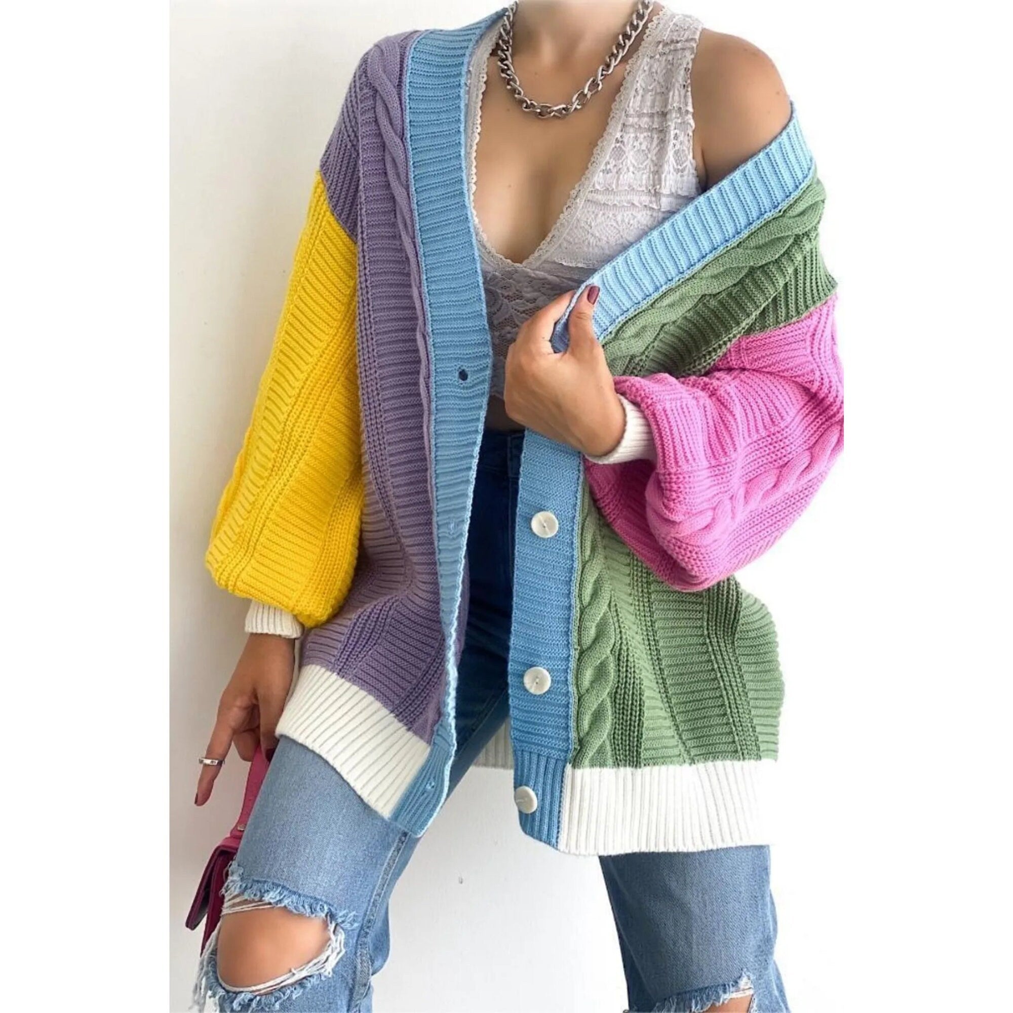 Colorful New Season Loose Oversize Knitwear Cardigan,Crochet  Cardigan,Vintage Cardigan, Gift For Her,knitted cardigan,Boho Cardigan 1