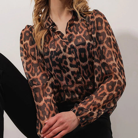 Women's Leopard Princess Sleeve Patterned Chiffon Shirt Blouse, Leopard Pattern Blouse,Gift For Her,Cotton Blouse,Boho Blouse,80s Blouse
